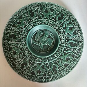 Vintage Handmade Ceramic Plate Ancient Greek Mythology Relief Deep Teal Green
